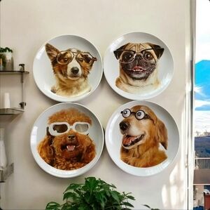 Whimsical Decorative‎ Plates Dogs Wearing Eyeglasses Set of Four